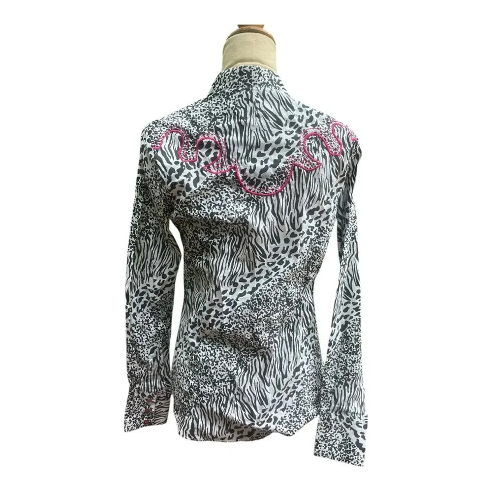 Sherry Cervi Animal Print Pink Embroidery Pearl Snap Shirt NWT S Rodeo Western
